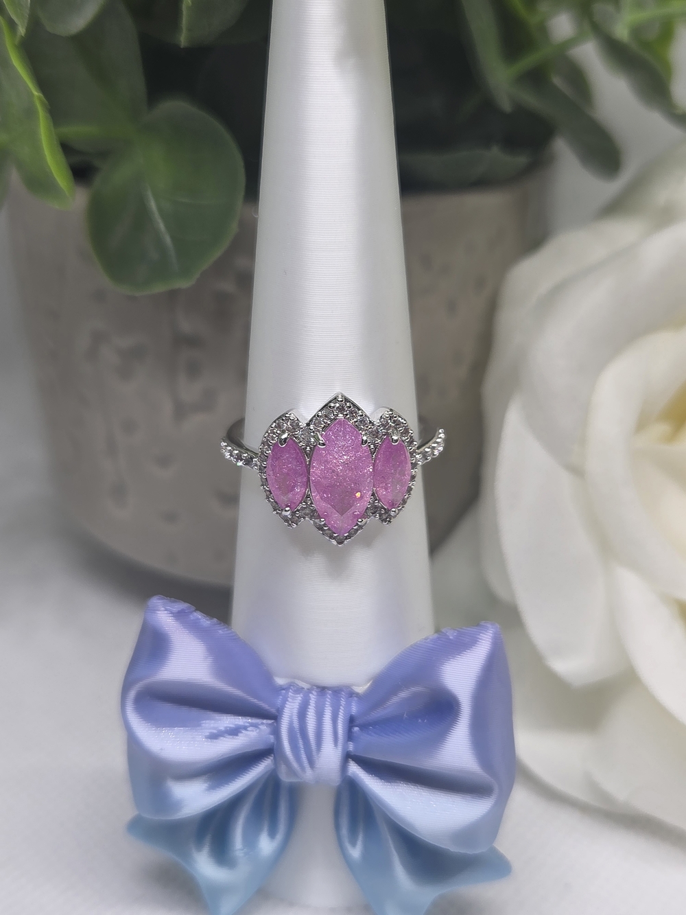 BP Pink Marquise CZ Halo Three Stone Ring On Rhodium